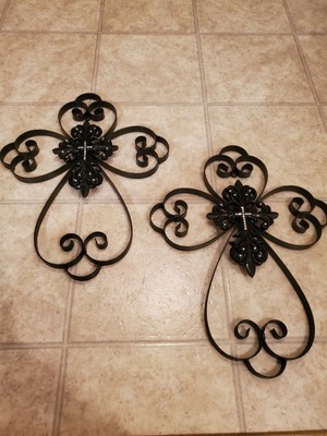 Pair of Brand New Neiman Marcus Wrought Iron & Crystal Scroll Cross Art