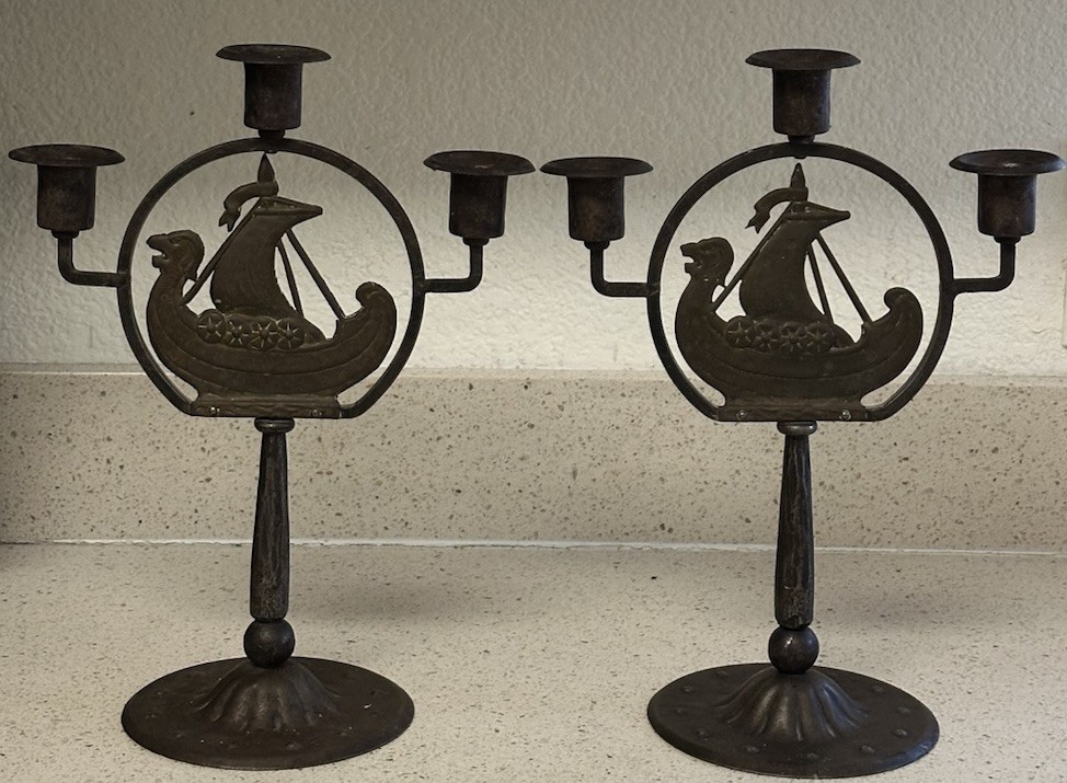 Antique Hugo Berger Goberg Arts And Crafts Wrought Iron Ship Candelabra Pair
