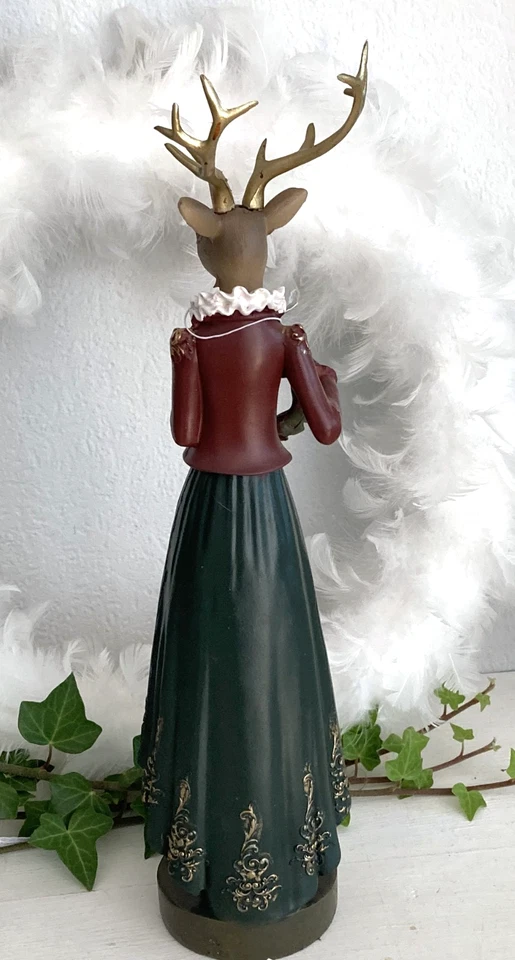Großer Hirsch Hirschdame mit Kranz  Figur Skulptur, Rot - Grün - Gold, 36 cm - Bild 3 von 4