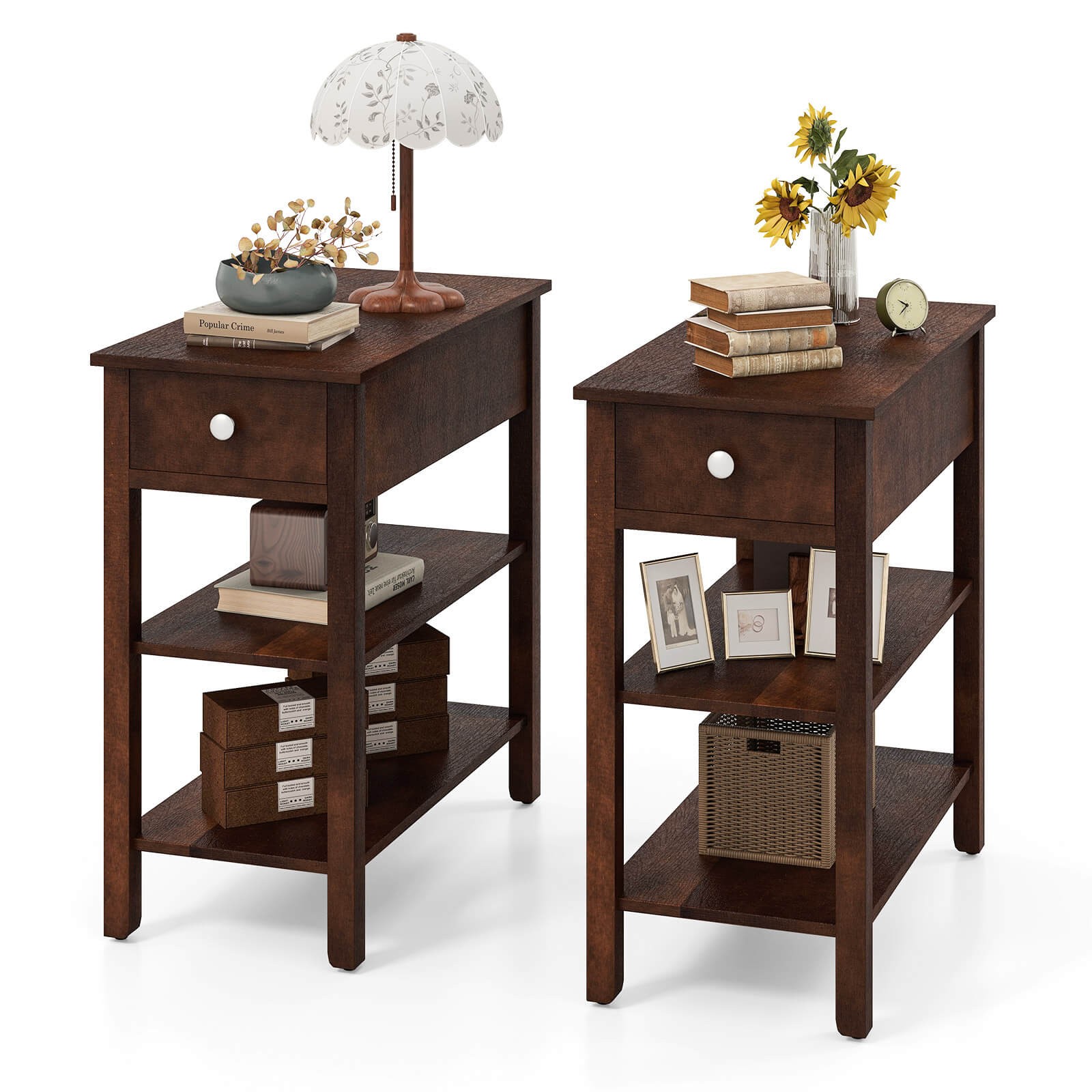 Set of 2 Narrow End Tables w/Drawer Shelves & Rubber Wood Legs Sofa Side Table