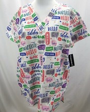 Cassandra O Women's V-Neck Short Sleeve Scrub Top Hello Greeting Large