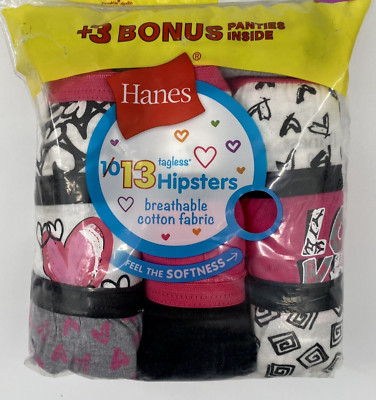 Hanes Tagless Hipster Panties sz 6 Girl's Cotton Underwear 13-Pack Pink/Black