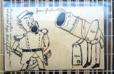 WWI Hand drawn German Caricature - French General afraid of 42 cm mortar. 1914