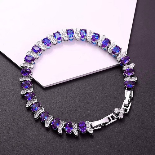 New Party Jewelry Oval Purple Amethyst Gems Fashion Women Girl Silver Bracelets - Picture 4 of 6