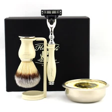 Grooming Shaving Kit 3 Edge Razor Synthetic Silver Tip Brush Soap Bowl Stand Set