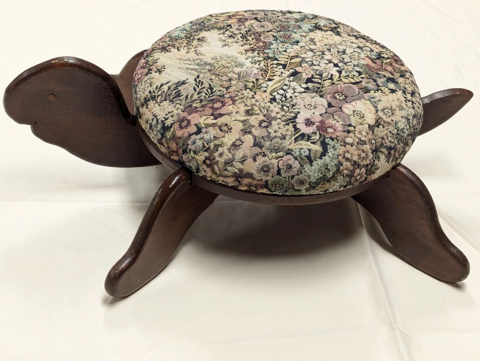 Vtg Turtle Foot Step Stool Large 70s Handmade Wood 27x9x18” Upholstered Tapestry - Image 2 of 4