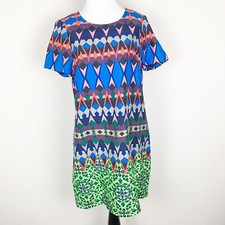 J. Crew Womens Shift Dress Geometric Multicolor Size 6 Short Sleeve Zip Silk