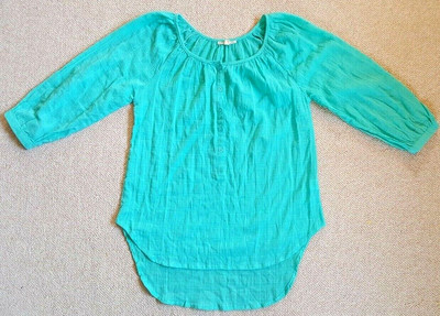 Womens Top-HESTER & ORCHARD-aqua blue cotton checked hi-lo tunic gauzy Coastal-S