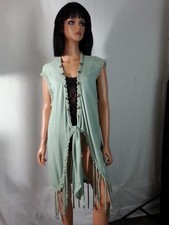 Vtg Marshall Rousso Las Vegas Cardigan Long Vest Top Pale Green Fringe Chest 42"