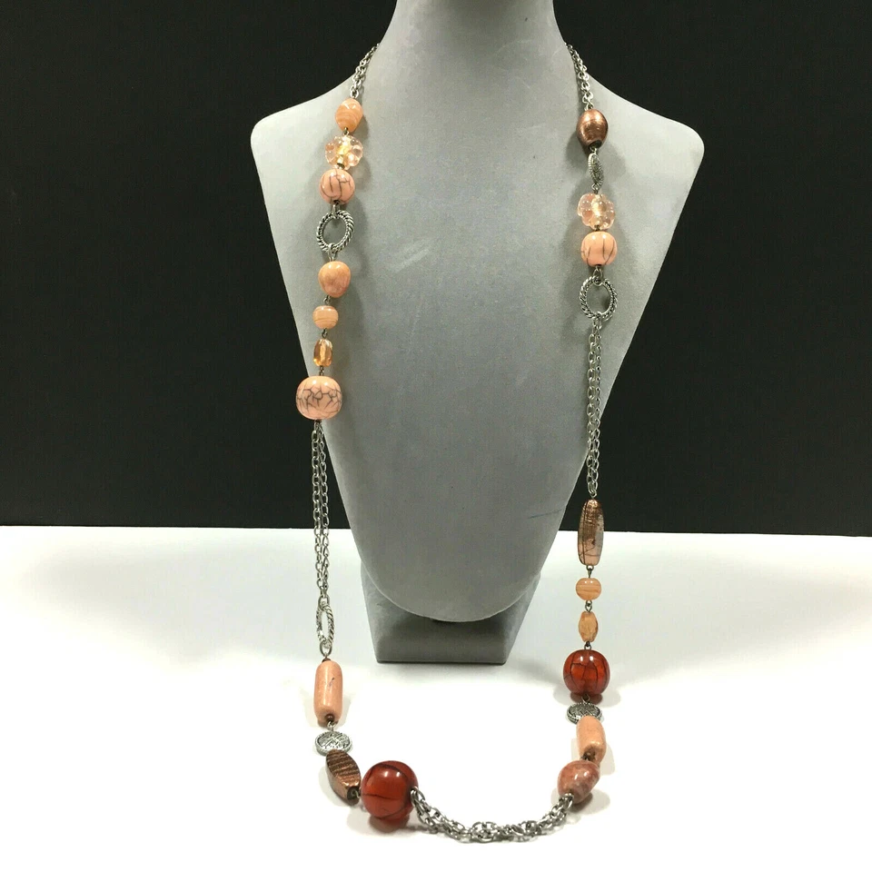 NUEVO CHICO'S Collar Largo Plata Melocotón y Bronce Mármol Ámbar Cuentas de Vidrio R28k Foto 2 de 4