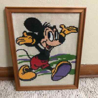 #ad #ad Mickey Mouse Needlepoint Framed Wall Art Colorful Home Made Handmade Vintage $24.99