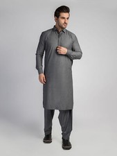 Mens Dark Gray Textured Shirt Collar Kameez Shalwar Handmade Eid Kurta Shalwar