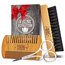 Viking Revolution Beard Comb & Beard Brush Set for Men -- Natural Boar Bristle B