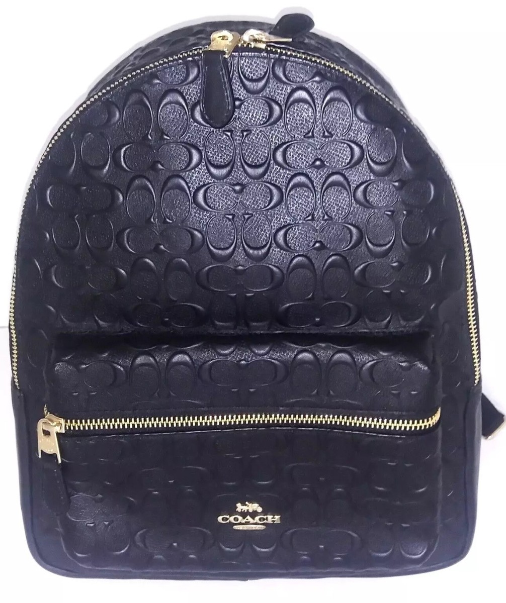 Brand New Coach Medium Charlie Leather Backpack Embossed Signature Black