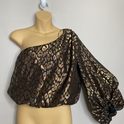 DO+BE One Shoulder Leopard Print Crop Top Metallic Brown Black Women's Size M