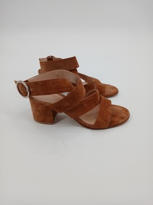 Gianvito Rossi Italy Brown Suede Chunky Heel Sandals Shoes 37.5 7.5 Buckle Ankle