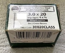 TIMCO Classic No. 1 Cross Recess Screws A2 St/St Double Countersunk Box 3.0 x 20