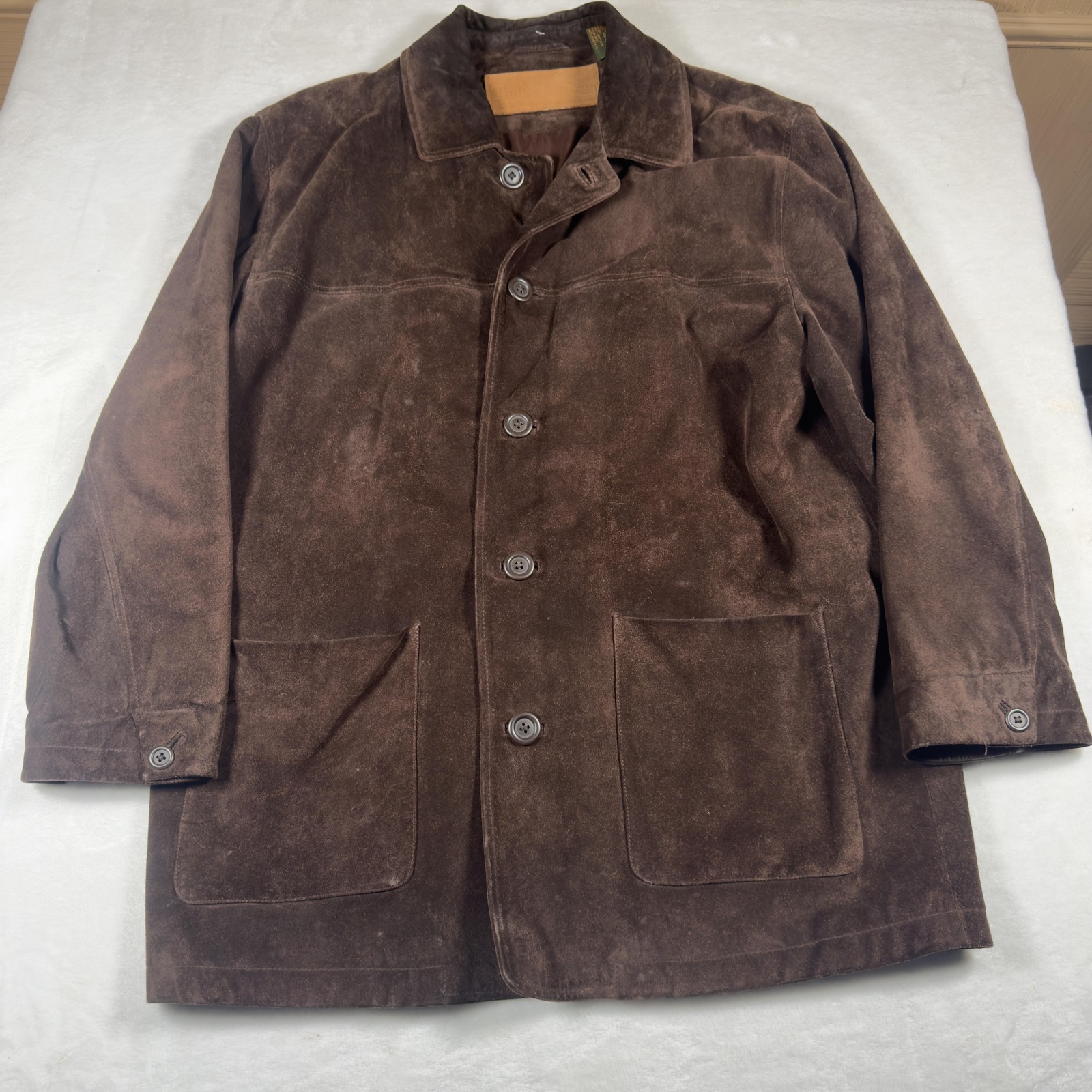 Timberland Weathergear Coat Mens Large Brown Suede Leather Overcoat Lined Button