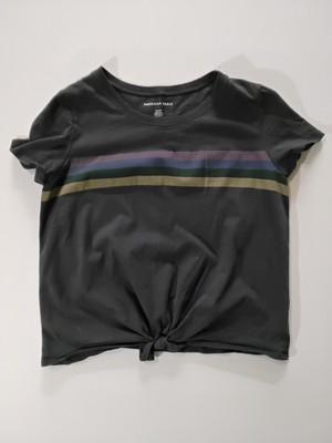 American Eagle Tie Front Crop Top Womens Small Grey Rainbow Stripe Retro Style