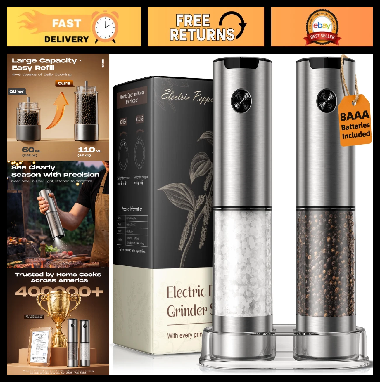 Automatic Electric Salt and Pepper Grinder Set - Adjustable Coarseness, LED, Lar