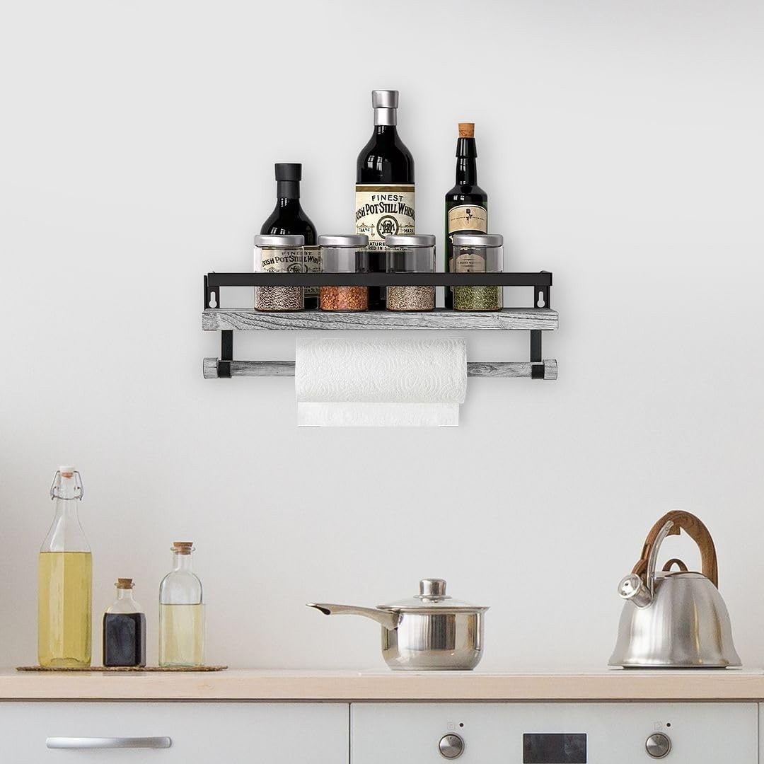 Wall Mounted Floating Shelf with Rail and Wooden Towel Rod, Grey Wood