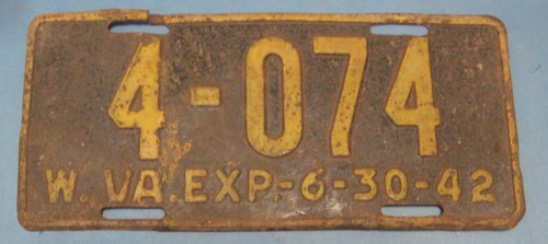 1942 West Virginia License Plate low number