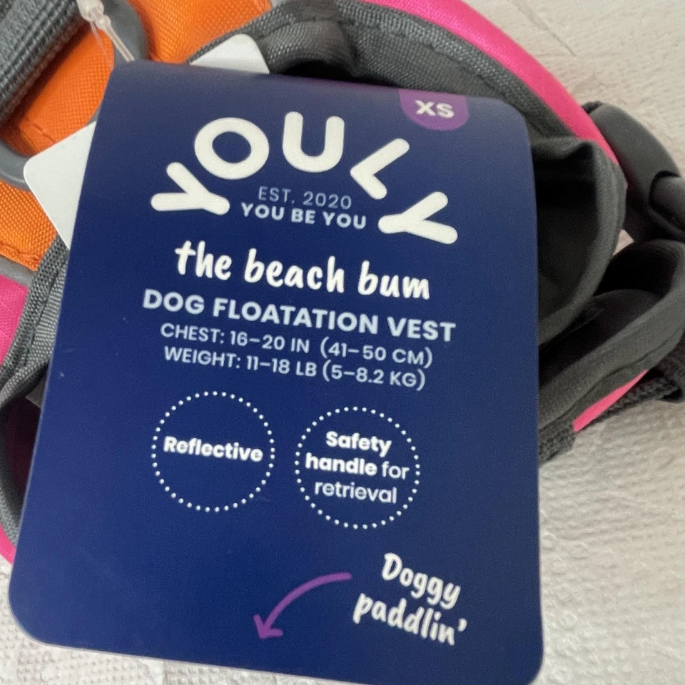 Youly Beach Bum собаки плавания жилет XS розовый оранжевый спасательный жилет ручки новый - Изображение 2 из 4
