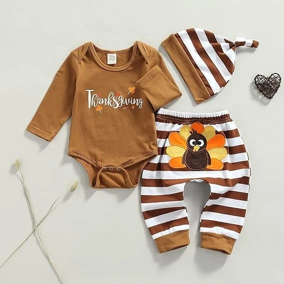 Thanksgiving Baby Boy Girl Outfit Letter Long Sleeve Romper Turkey Pants Hat Set