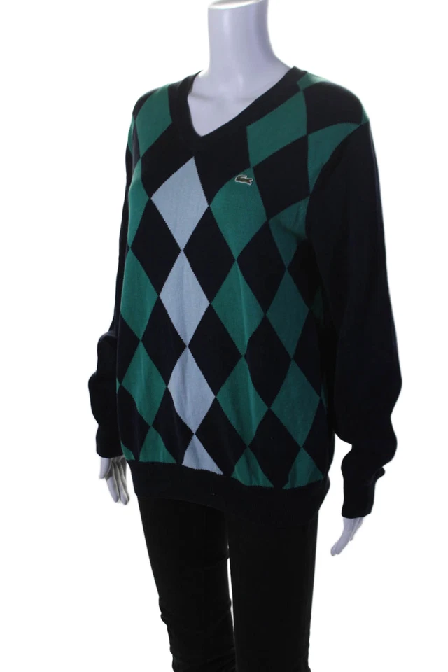 Suéter de mujer Lacoste estampado argyle mangas largas cuello en V azul marino algodón talla 3 Foto 2 de 4
