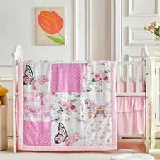 Patchwork Crib Bedding Set Butterfly Plaid Floral Design 3 Pieces Baby Girl Cute