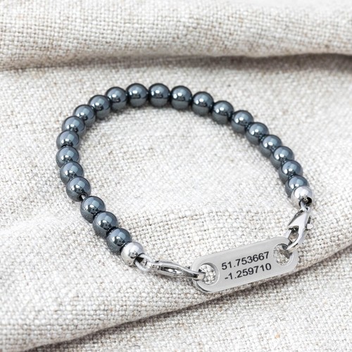 Hematite Grid Coordinates Bracelet Beads Charm Custom Engraved Message UK Ammo - Picture 4 of 10