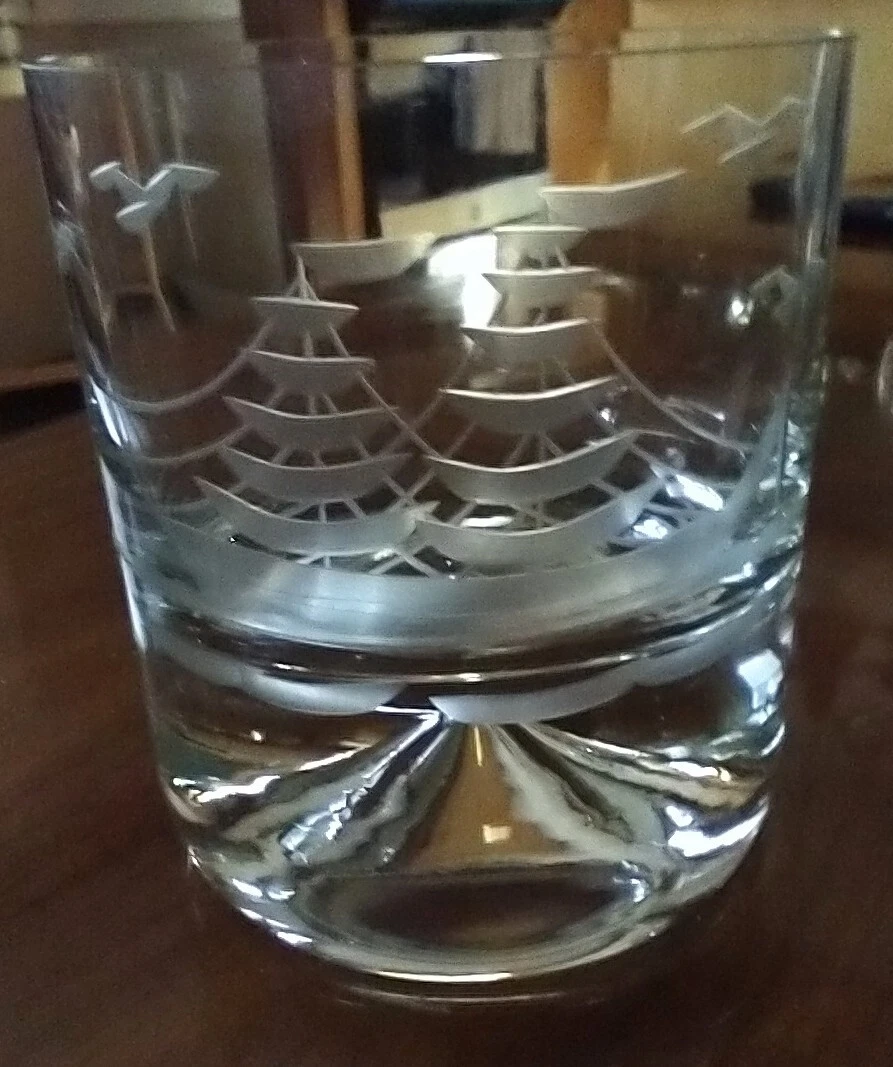 Mid Century Whiskey Glasses Etched with Ship and Birds  Indented Base  Set of 4