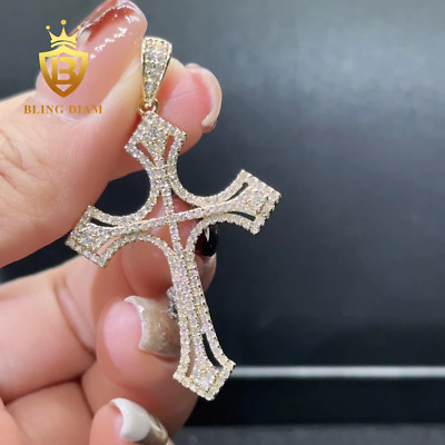 2.00 Ct D/VVS1 Natural Moissanite Religious Cross Pendant 14K Yellow Gold Plated