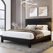 Slat Platform Bed Frame Full Queen King Platform & Velvet Upholstered Headboard