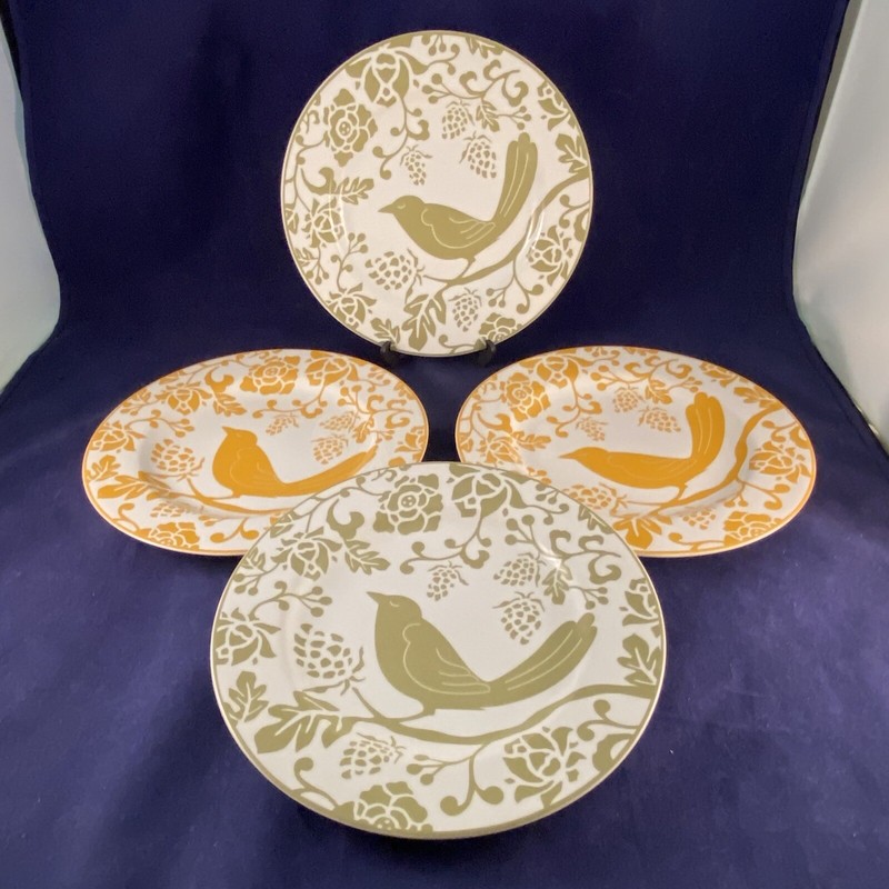 4 Piece Set Pier One Stoneware Yellow Green Bird Salad Dessert Plates 8 1/4"
