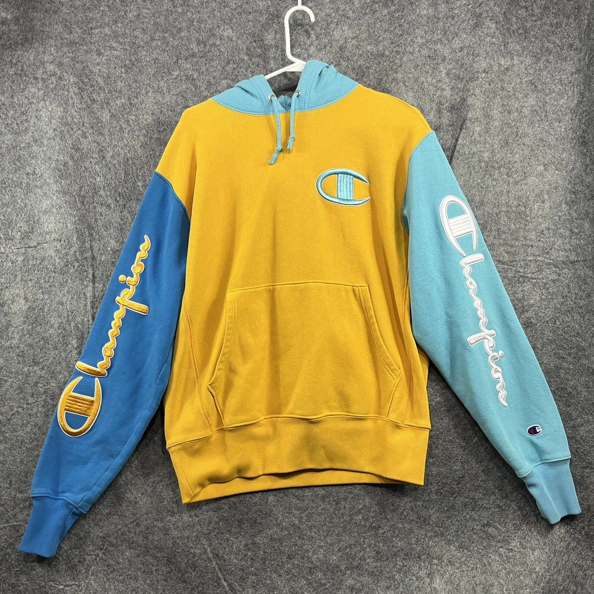 Champion Reverse Weave Blue Yellow Color Block Hoodie Medium Embroidered