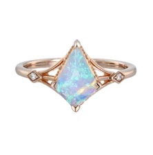 Kite Cut Lab Opal & Moissanite Milgrain Engagement Ring for Women – 925 Silver