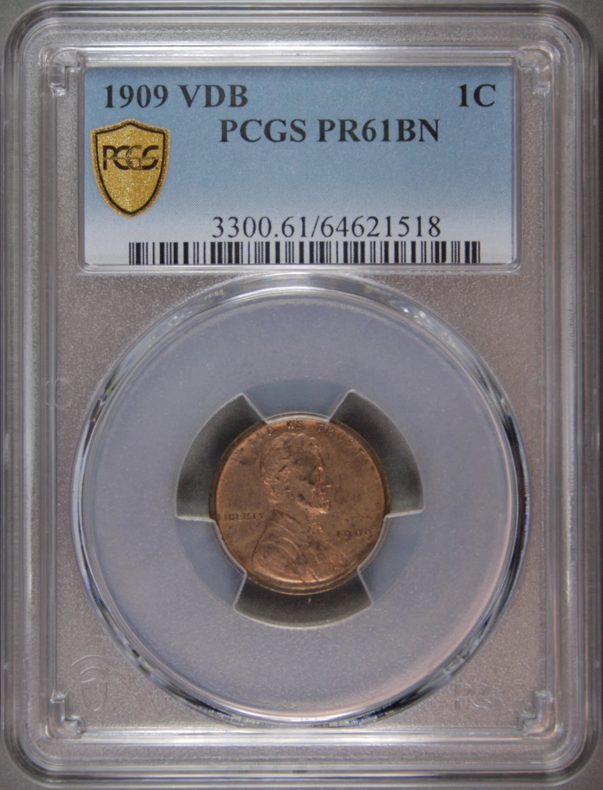 1909 VDB Lincoln Cent PCGS PR61 BN, Matte Proof.