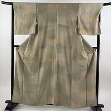 JAPANESE KIMONO FINE PATTERN GRAY-GREEN 160.5cm 5 ft 3 in PURE SILK B1373