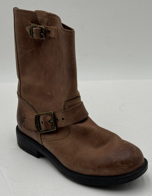 Frye Engineer Pull On Boys Boots Size 1 Brown Leather Round Toe Mid Calf Boots