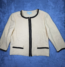 St. John Neutral Blazer Jacket Womens 14 Formal Black Trim Button Detail Zip-Up