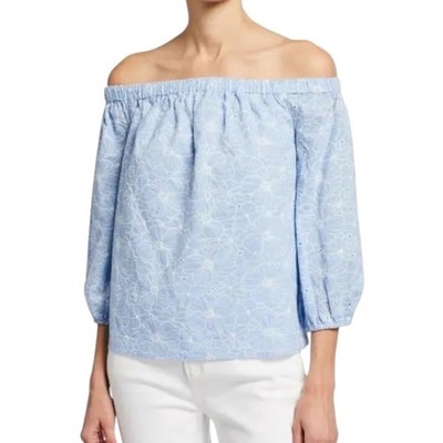 Milly Shirt Women Small Blue White Floral Embroidered Off The Shoulder Top Boho