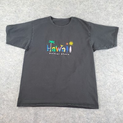 Waikiki Beach Shirt Women Medium Black Crew Neck Short Sleeve Embroidered Hawaii