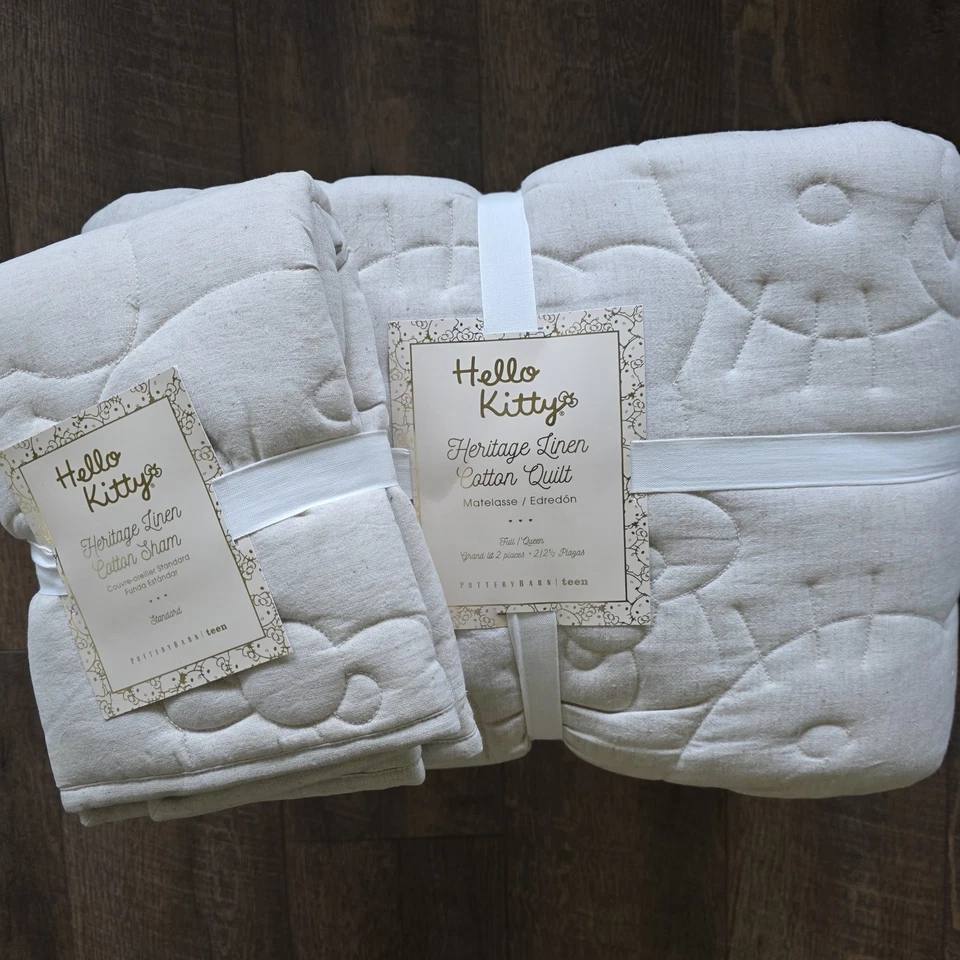 POTTERY BARN TEEN HELLO KITTY Heritage lino algodón f/q edredón y 1 std juego de farsa Foto 3 de 4