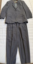 Vintage Grey 2 Piece Suit Mens 3 Button Blazer Pleated Trousers