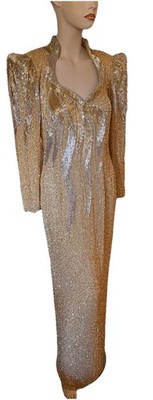 Oleg Cassini Black Tie Gold Silver Beaded Vtg Macys 1990s Long Evening Gown 12
