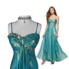 Vintage Aqua Iridescent Beaded Gown: Y2K Fairycore Formal Maxi Dress