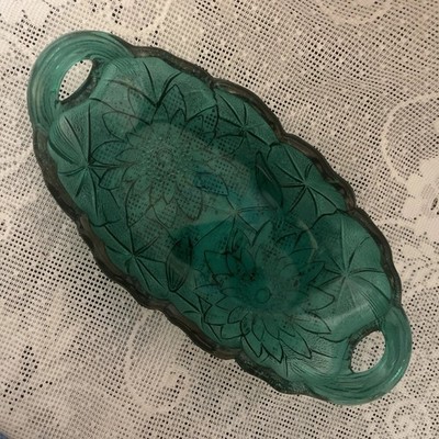 Vintage Indiana Glass Lily Pons/Sunflower Oval Teal Blue Pickle Dish 9.5 Inches