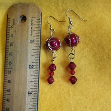 Handcrafted Red Glass & Metal Beaded Dangle E...
