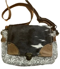 Myra Bag Canvas Flap and Hair-On Messenger Crossbody Bag Purse